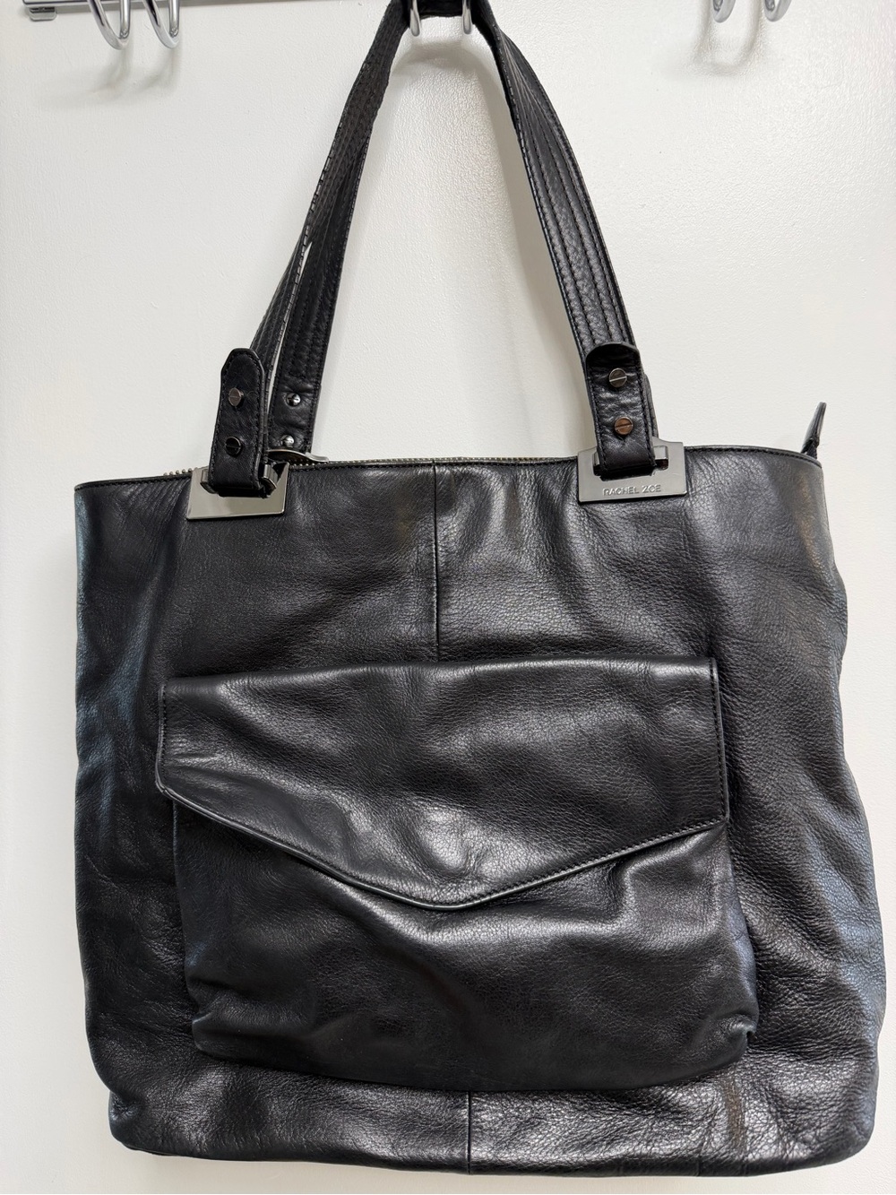Rachel Zoe Black Leather Shoulder Tote with Front Flap Pocket